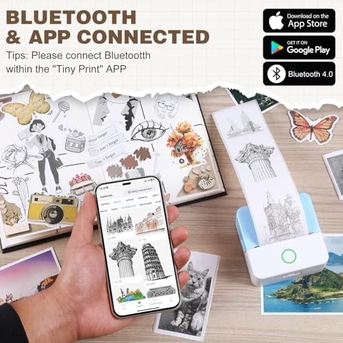 Print Pods Mini Printer, Thermal Inkless Sticker Maker with 10 Rolls Printing Paper, Pocket Printpod for Phone, Impresora Portátil for Notes, DIY, Compatible with iOS & Android (Blue)