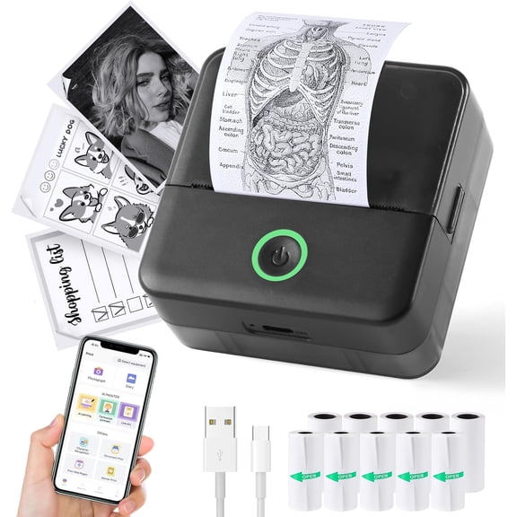 Print Pods Mini Printer, Thermal Inkless Sticker Maker with 10 Rolls Printing Paper, Pocket Printpod for Phone, Impresora Portatil for Notes, DIY, Compatible with iOS &  (Black)