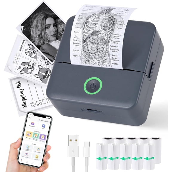 Print Pods Mini Printer, Thermal Inkless Sticker Maker with 10 Rolls Printing Paper, Pocket Printpod for Phone, Impresora Portatil for Notes, DIY, Compatible with iOS &  (Grey)