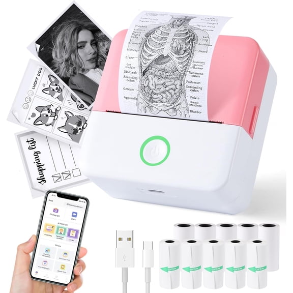 Print Pods Mini Printer, Thermal Inkless Sticker Maker with 10 Rolls Printing Paper, Pocket Printpod for Phone, Impresora Portatil for Notes, DIY, Compatible with iOS & ()
