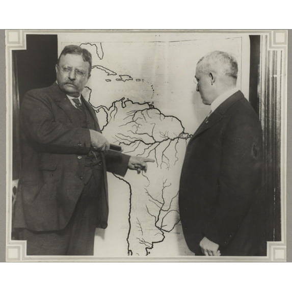 Print: President Roosevelt Pointing At A Map Of South America Towards The