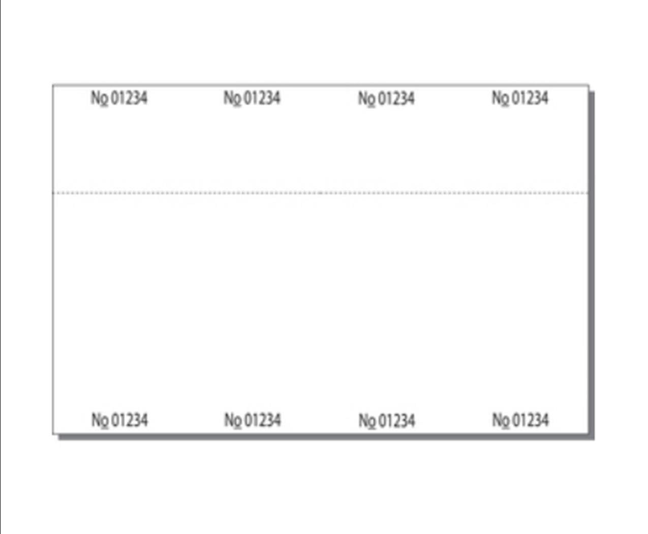 Print-Ready Numbered Ticket Sheets, 6-1/2" x 10", 4 Tickets Per Sheet, Perfed Stubs and Consec Numbers, Ticket Size: 2-1/2" x 6-1/2" on White 65lb Cover - 250 Sheets (1,000 Tickets)