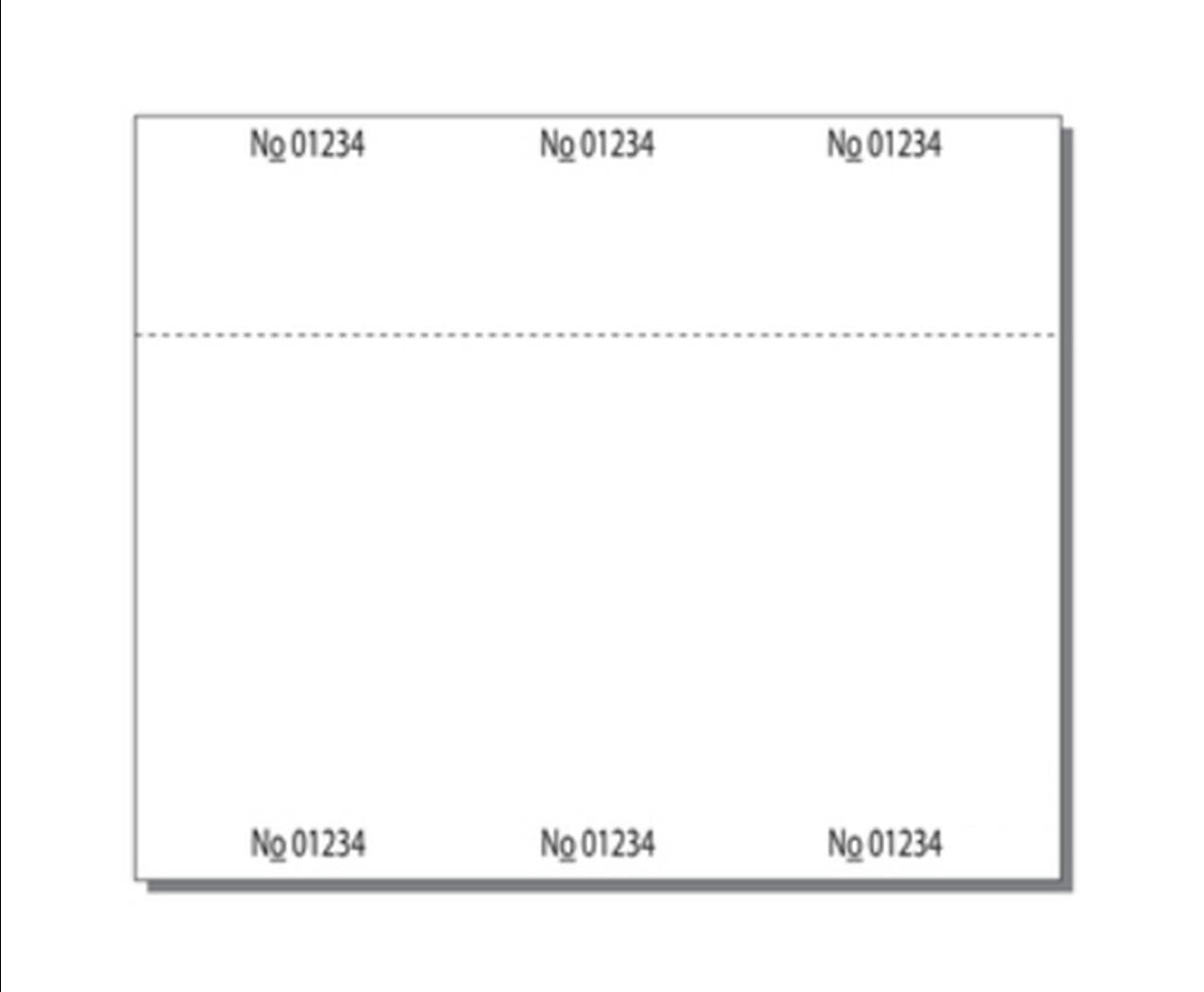 Print-Ready Numbered Ticket Sheets, 7" x 8-1/2", 3 Tickets Per Sheet, Perfed Stubs and Consec Numbers, Ticket Size: 2-7/8" x 7" on White 65lb Cover - 250 Sheets (750 Tickets)