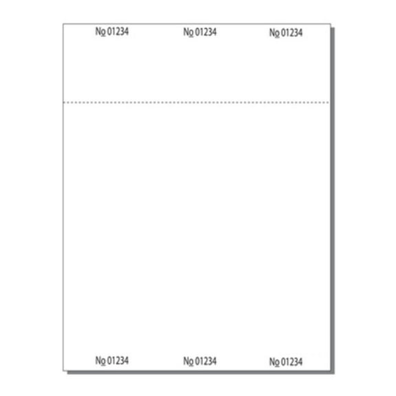Print-Ready Numbered Ticket Sheets, 8-1/2" x 11", 3 Tickets Per Sheet, Perfed Stubs and Consec Numbers, Ticket Size: 2-2/3" x 11" on White 67lb Vellum - 250 Sheets (750 Tickets)