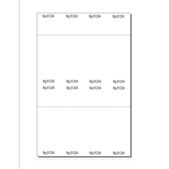 Print-Ready Numbered Ticket Sheets, 8-1/2" x 13", 8 Tickets Per Sheet, Perfed Stubs and Consec Numbers, Ticket Size: 2-1/8" x 6-1/2" on White 67lb Vellum - 250 Sheets (2,000 Tickets)
