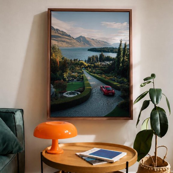 Print Red Sports Car Lake Mountain Landscape Wall Art, Unframed Paper Print