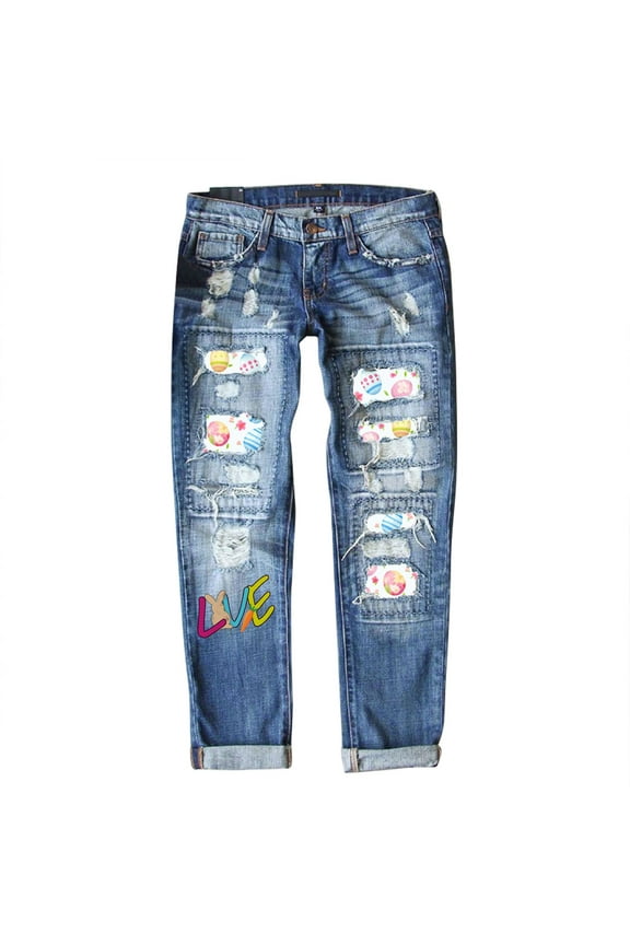 Print Ripped Jeans for Women Easter Casual Distressed Denim Pants Ankle Length Blue XXL