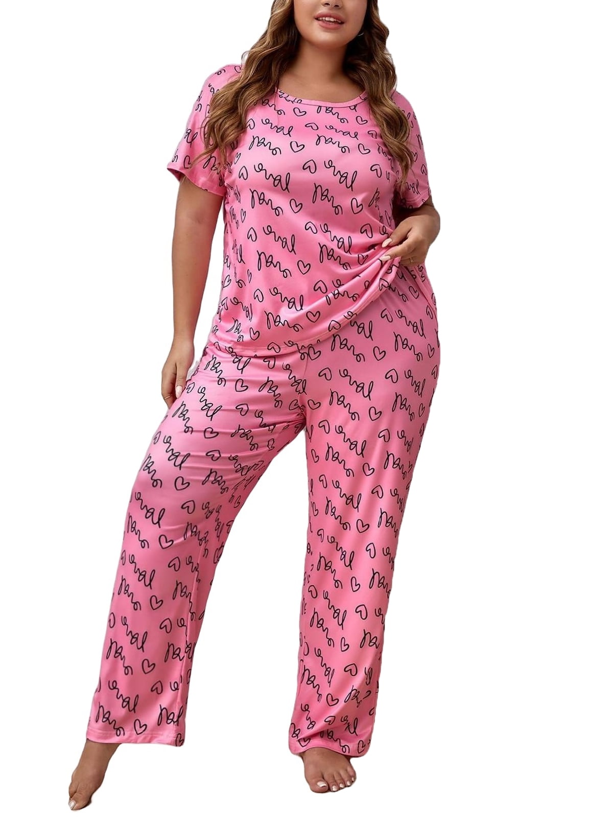 Print Round Neck Pant Sets Short Sleeve Pink Plus Pajama Sets (Women's ...