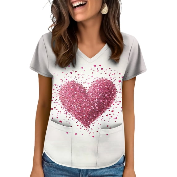 Print Scrub Tops,Plus Size Women's V-Neck Valentine's Day Print Short Sleeve Side-Slit Scrub Tops with Pockets - Pink - M