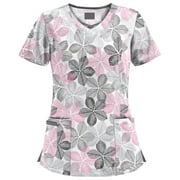 UNBRANDED Print Scrub Tops Women Breathable Printed V Neck Plus Size Scrub Tops Short Sleeve Professionals Soft Stretch T-Shirts with Pockets white 5X-Large