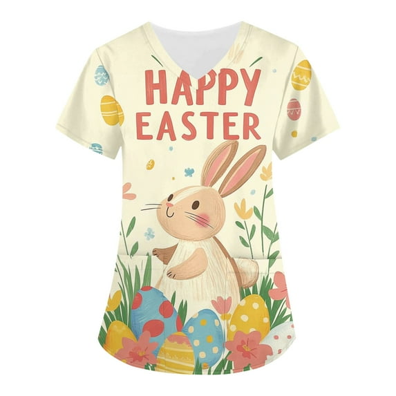 Print Scrub Tops Women,Easter Scrub Tops Women Bunny Egg Hunt Print Scrubs Short Sleeve Holiday Working Uniform with Pockets,Mint Green,M