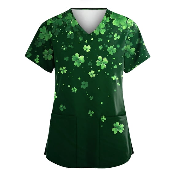 Print Scrub Tops Women Irish Shamrock Printed V-Neck Breathable Scrub Tops Short Sleeve Professionals Soft Stretch St. Patrick's Day T-Shirts with Pockets green Small