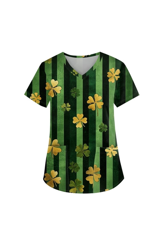 Print Scrub Tops Women Irish Shamrock Printed V-Neck Breathable Scrub Tops Short Sleeve Professionals Soft Stretch St. Patrick's Day T-Shirts with Pockets (Dark green)