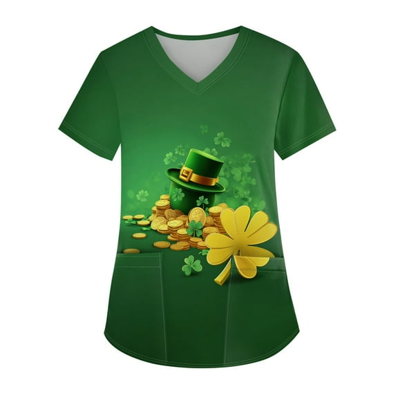 Print Scrub Tops Women Irish Shamrock Printed V Neck Breathable Scrub Tops Short Sleeve Professionals Soft Stretch St. Patrick's Day Workwear Shirt with Pockets (Yellow)