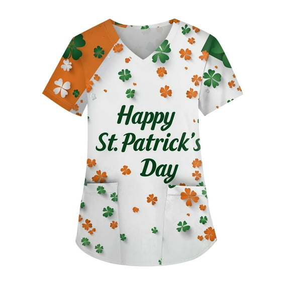 Print Scrub Tops Women Irish Shamrock Printed V-Neck Breathable T-Shirts Short Sleeve Professionals Soft Stretch St. Patrick's Day Workwear Shirt with Pockets (White)