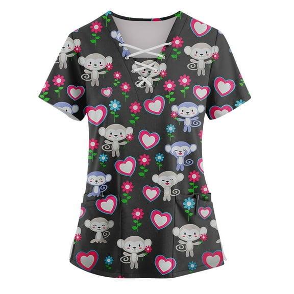 Print Scrub Tops Women Love Heart Printed V-Neck Breathable Workwear Shirt Short Sleeve Professionals Soft Stretch Valentine's Day Scrub Tops with Pockets black Small