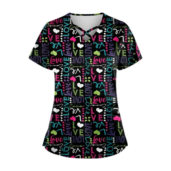 Print Scrub Tops Women Love Heart Printed V Neck Breathable Workwear Shirt Short Sleeve Professionals Soft Stretch Valentine's Day Scrub Tops with Pockets dark gray XX-Large