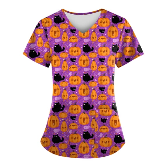 Print Scrub Tops Women,Plus Size Women'S Halloween Printed Scrub Tops V-Neck Fun T Shirts Nurse Uniform Tee With Pockets,Light Purple,S
