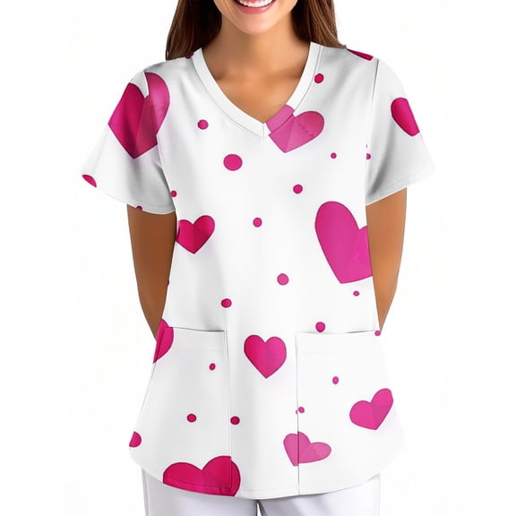 Print Scrub Tops,Women's Valentine's Day Printed Loose-Fit V-Neck Pocket Short-Sleeve Nursing Scrubs Top - Vermilion - XL