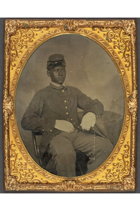 Print: Seated Black Soldier, Frock Coat, Gloves, Kepi, circa 1860