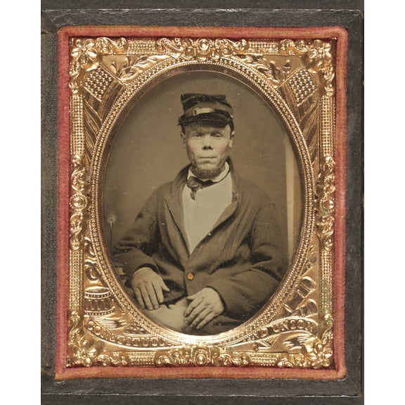 Print: Seated Soldier Wearing Four Button Sack With Kepi, Patriotic Matte
