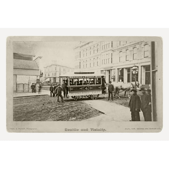 Print: Seattle's First Street Car Turning From Occidental Avenue To Yesler
