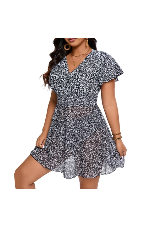 Print Short Sleeve Plus Size Swimwear Women Pink Large One Piece Dress Swimsuit Mesh Patchwork Chubby Bathing Suit