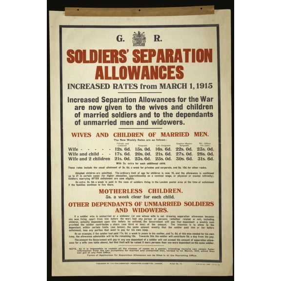 Print: Soldiers' Separation Allowances. Increased Rates From March 1, 1915