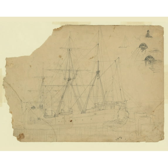 Print: Steamship With Sidewheel And Three Masts At Dock, circa 1860