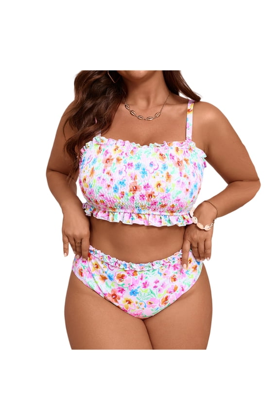 Print Strapped 2 Piece Plus Size Bikini Set Women Ruffle High Waist Swimsuit Brazilian Beach Chubby Bathing Suit