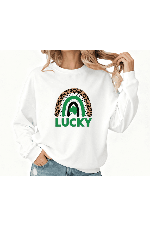 Print Sweatshirt Graphic Sweatshirt St Patricks Day Leopard Rainbow Lucky Shamrock White Print T shirt Graphic Tees Shirts Casual Tops S-3XL