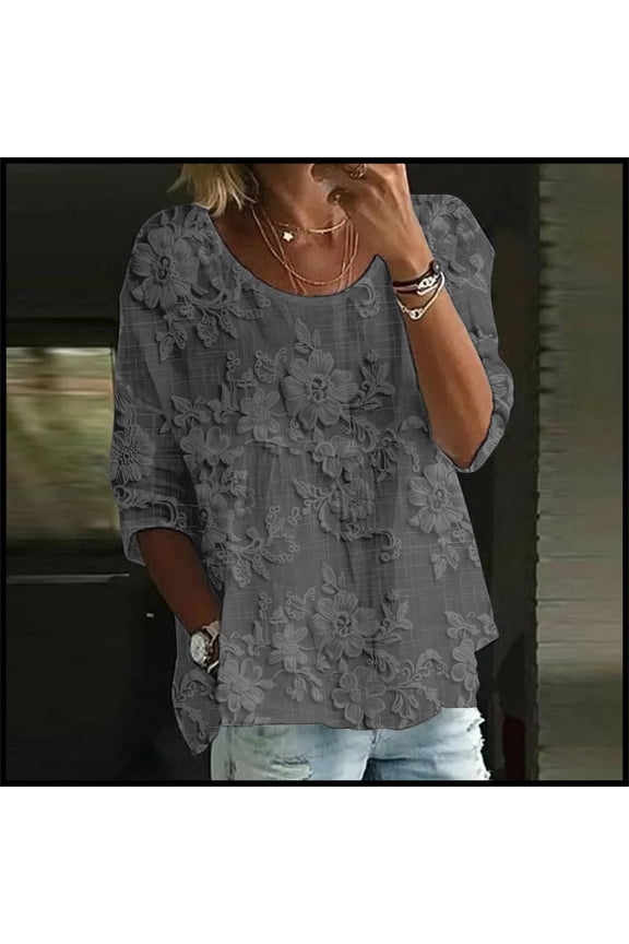 Print T Shirt, 3/4 Sleeves Round Neck, Loose Fit, Bubble Wrinkles Material, Gray M, Size S-XXXXXL