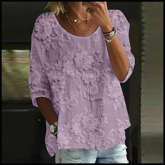 Print T Shirt, 3/4 Sleeves Round Neck, Loose Fit, Bubble Wrinkles Material, Purple XL, Size S-XXXXXL