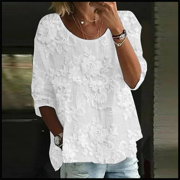 Print T Shirt, 3/4 Sleeves Round Neck, Loose Fit, Bubble Wrinkles Material, White 5XL, Size S-XXXXXL