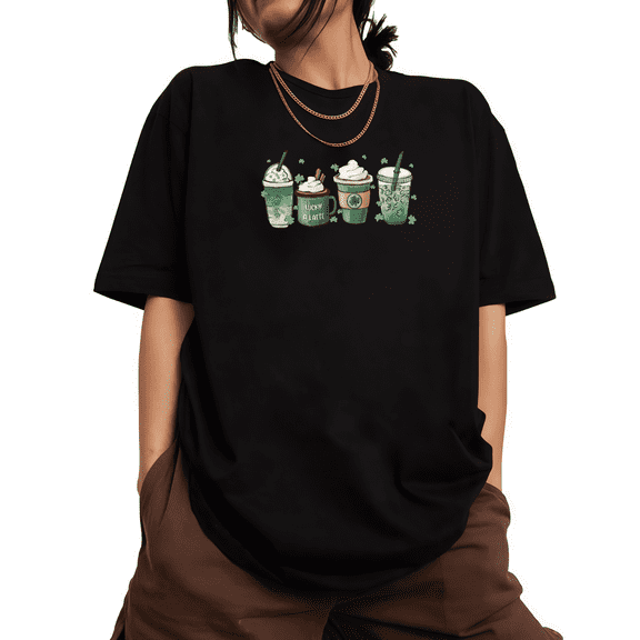 Print T shirt Graphic Tees Black Green Coffee Drinks Starbucks Style St Patricks Day Shirts S-5XL Casual Tops