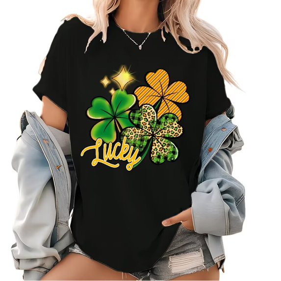 Print T shirt Graphic Tees Black Lucky Four Leaf Clovers Green Gold Leopard St Patricks Day Shirts S-5XL Casual Tops