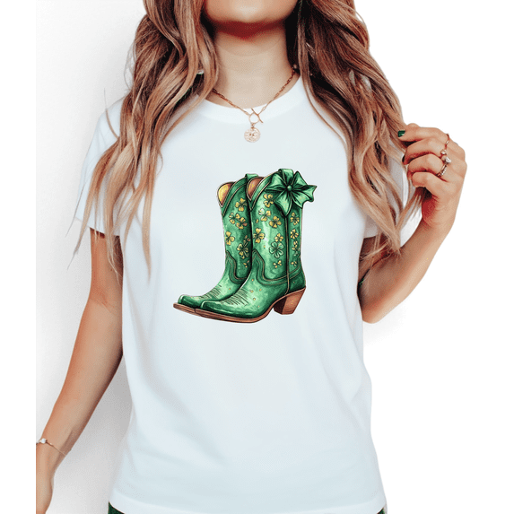 Print T shirt Graphic Tees White Green Cowboy Boots St Patricks Day Western Shirts S-5XL Casual Tops