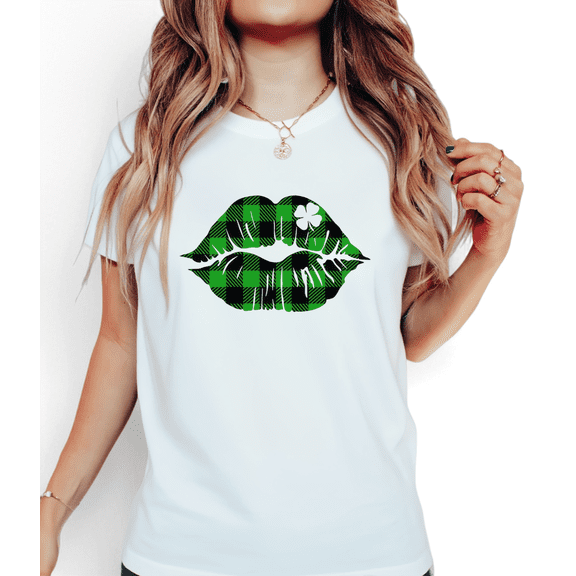 Print T shirt Graphic Tees White Green Plaid Lips St Patricks Day Party Shirts S-5XL Casual Tops