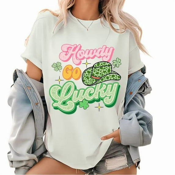 Print T shirt Graphic Tees White Howdy Go Lucky Green Cowboy Hat St Patricks Day Shirts S-5XL Casual Tops