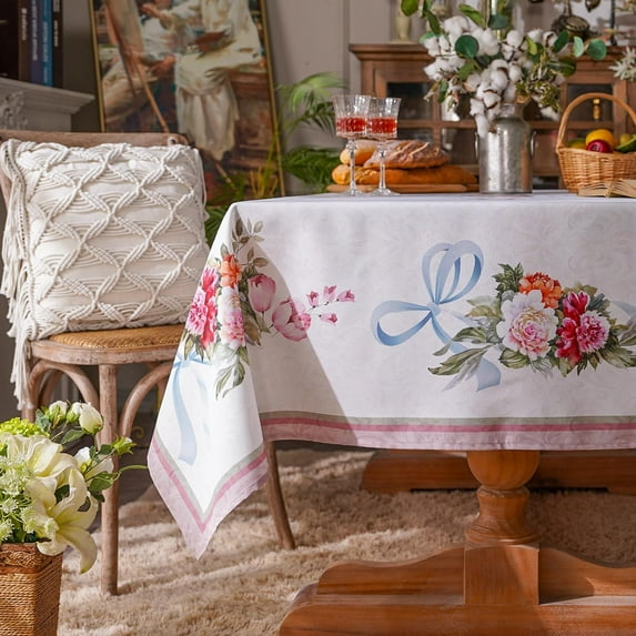 Print Tablecloth Vintage Classic Flower Ribbon Pattern Waterproof Dinner Table Kitchen Coffee Table Garden Wedding Outdoor and Indoor (Pink, 60 x 84 Inch)