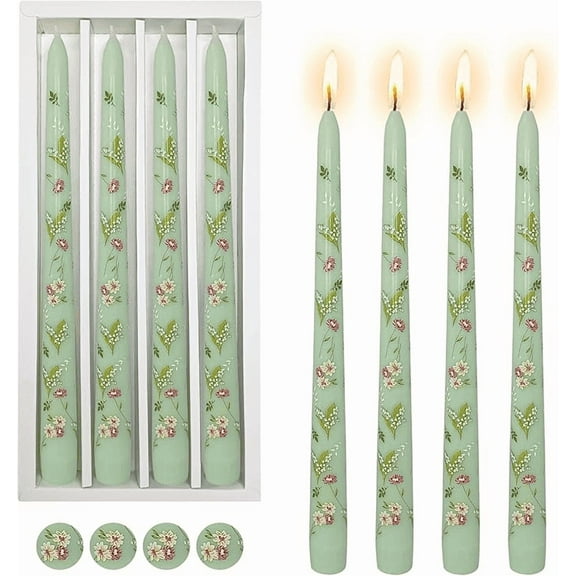 Print Taper Candle Dripless Candlesticks - 4pcs Green Unscented Candle Long Candle Sticks 10inches Flower Tapered Candles for Home Party Wedding Restaurant Holiday Decor