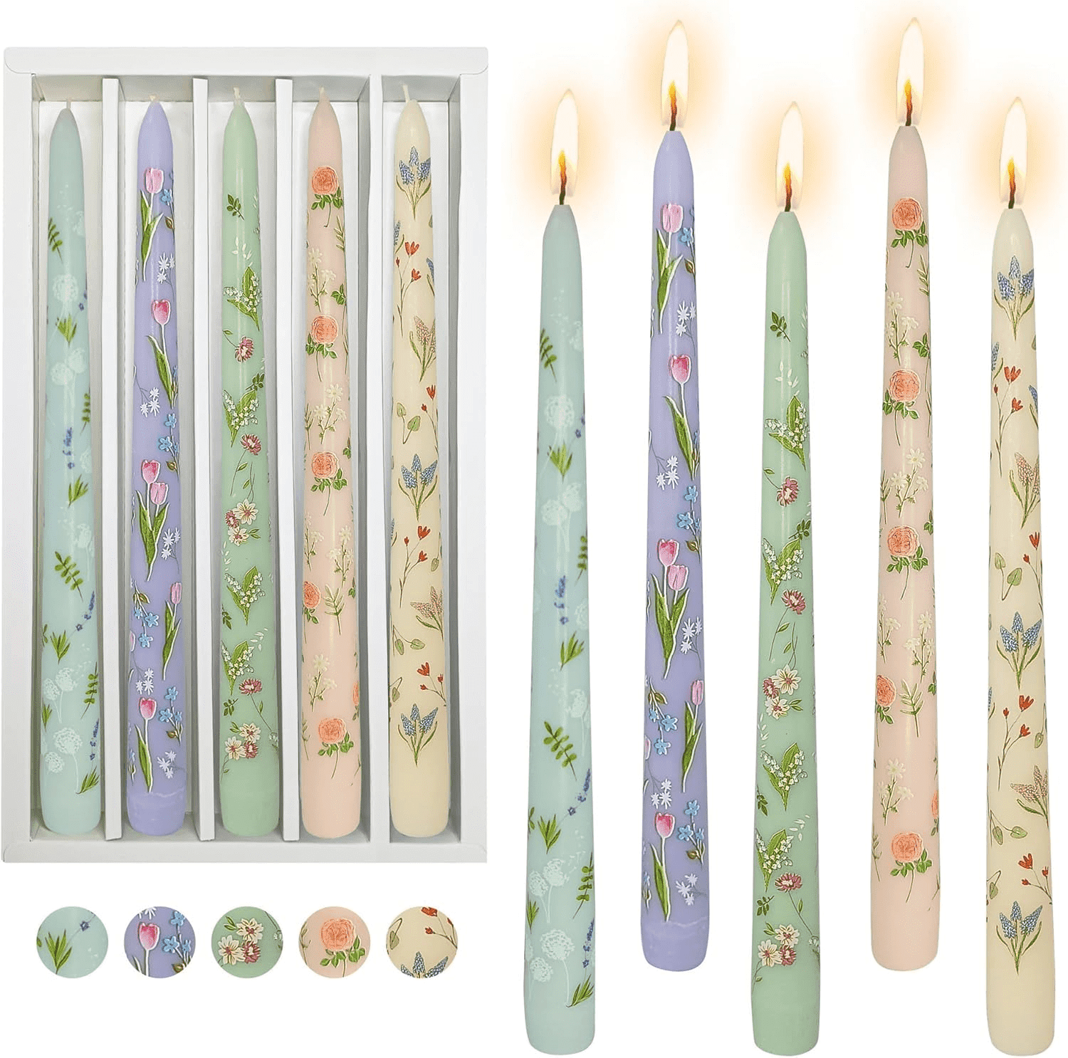 Long Candel Print Taper Candle Dripless Candlesticks - 5pcs Handmade Uncented ...