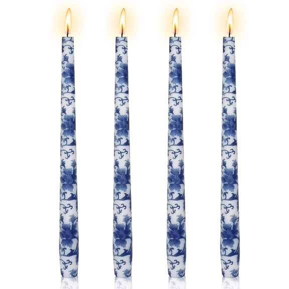 Print Taper Candle Spiral Candlesticks - Set of 4 Blue White Handmade Twisted Candle Long Candle Sticks 10inches Floral Tapered Candles for Home Party Wedding Dinner Gifts