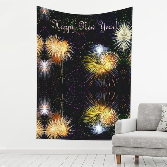 Print Tapestry Firework Happy New Year Tapestry Wall Hanging Decor For Living Room (60" X 80")