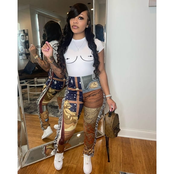 Print Tassel Design Pants (S, MultiBeige)