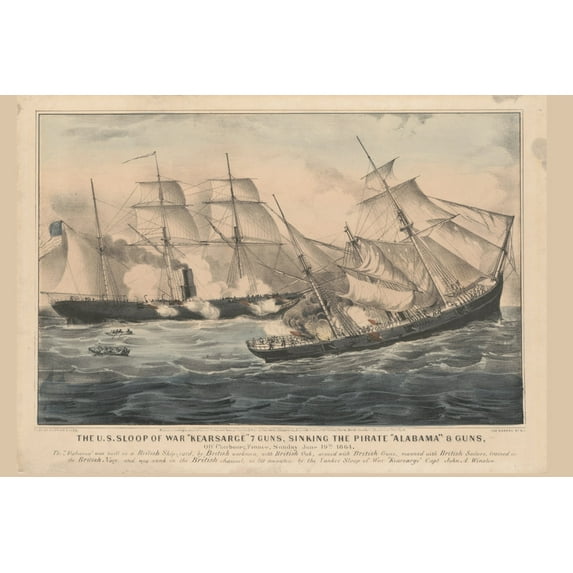 Print: The U.S. Sloop Of War Kearsarge 7 Guns, Sinking The Pirate Alabama