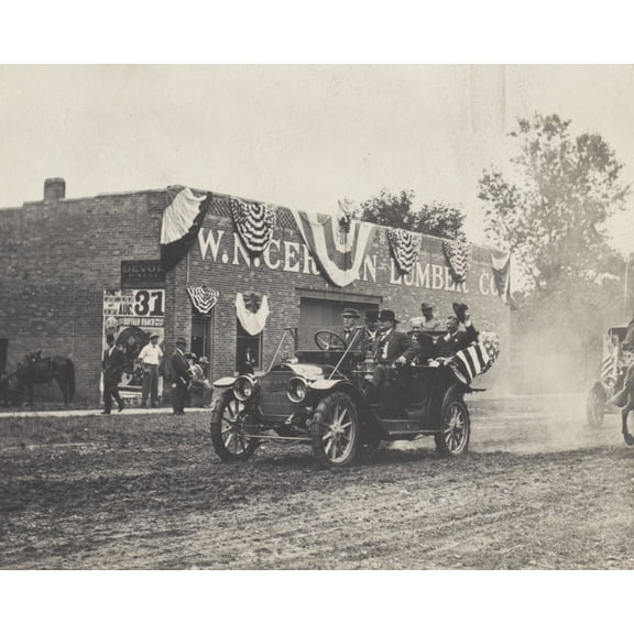 Print: Theodore Roosevelt Riding In A Convertible, Tipping His Hat To