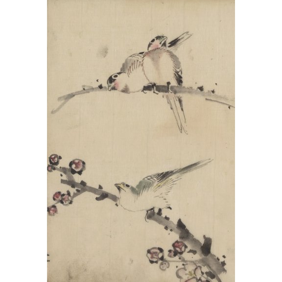 Print: Three Birds Perched On Branches, One With Blossoms, circa 1830