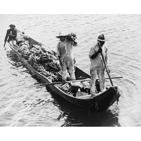 Print: Three Men In A Boat Transporting Bananas To The City Markets In