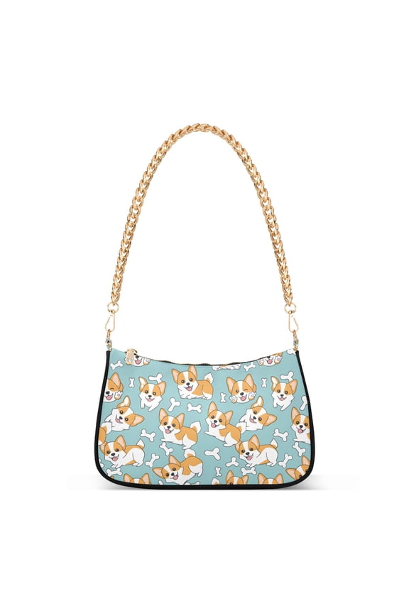 Print Tote Bag for Women Corgi Puppy White Bones Shoulder Bag Shoulder Handbags Chain Strap